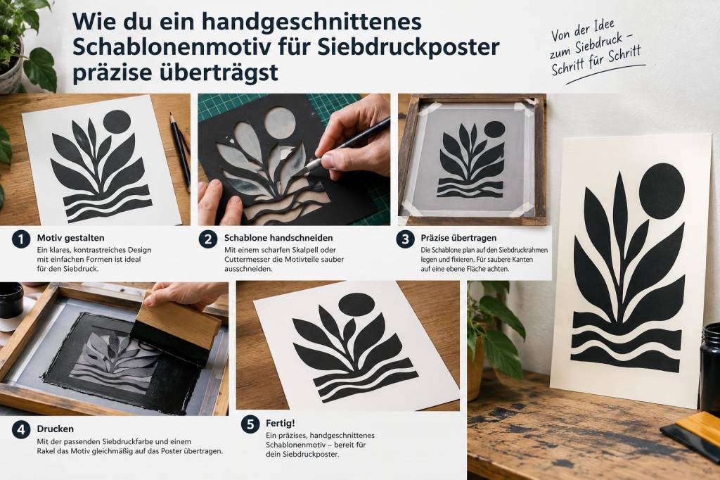 Wie du ein handgeschnittenes Schablonenmotiv für Siebdruckposter präzise überträgst