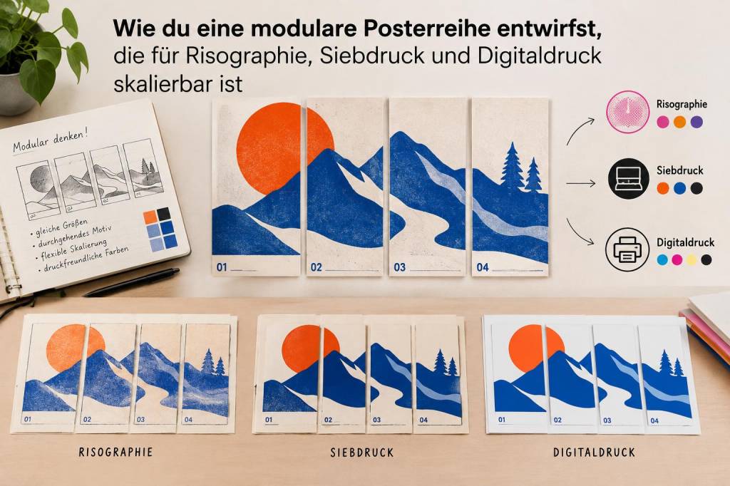Wie du eine modulare Posterreihe entwirfst, die für Risographie, Siebdruck und Digitaldruck skaliert werden kann